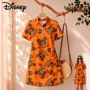 Disney | Fashion Womens Disney Mickey Mouse Print Polo Collar Dress Casual Cuteore Elegant Gown 2026 New A-line Mini Dress Cartoon Party