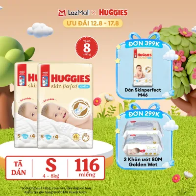 [12-17.08 QUÀ TẶNG ĐƠN 0Đ] Combo 2 Tã/bỉm dán sơ sinh Huggies Skin Perfect S 54 miếng với 2 vùng thấm giảm kích ứng da