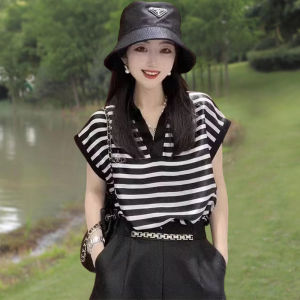 Summer New Womens Stripe V-Neck Short Sleeve T-Shirt Flip Collar Short Length Top Small Size Female Clothing Commute Style