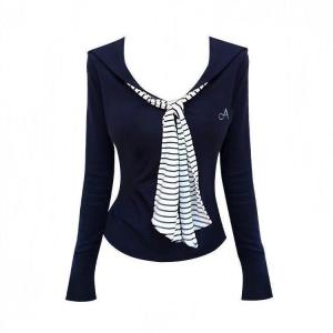 เสื้อยืดแขนยาวลายทางคอวีทรงสลิมฟิตสำหรับผู้หญิง ดีไซน์เสื้อผ้าสไตล์วิทยาลัย ปักลาย คอปกสีน้ำเงิน ทรงเข้ารูป เสื้อผ้าทำงาน