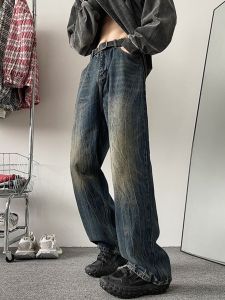 Worn Jeans Mens American High Street Fall and Winter Vibe Wind Retro Pants Easiest for Match Washing Gradient Wide-Leg Straight Pants