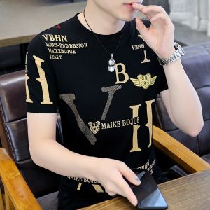High-End Knitted Ice Silk Short Sleeve T-Shirt Mens Summer Thin Style V-Neck Fashionable Half Sleeve Top Diamond Printed Youth Trendy Wear