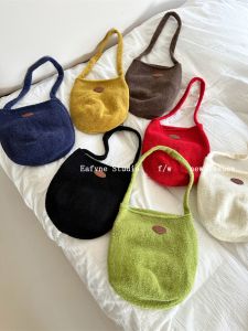 Original Single Wool South Korea Ins Knitting Bucket Bag Fall and Winter Minimalist Handbag Retro Work Clothing Hand Carrying Shoulder Bag