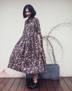 Jiang Huan Design Summer Pure Cotton Floral Print Turn-down Collar High Waist Long Loose Dress Forest Stream Sweet Style Princess Skirt