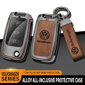 Genuine Leather Flip Remote Car Key Fob Case Cover Shell Holder Chain Styling For Volkswagen VW Golf Polo Passat Tiguan Jetta Vento Scirocco Touran Sharan Fox Beetle Transporter Santana EOS Up! Bora Caravelle Caddy Zinc Alloy Metal Protector Keychain