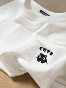 Jeanswest | White Short Sleeve Loose Cat Pattern Couple T-Shirt for Spring and Autumn