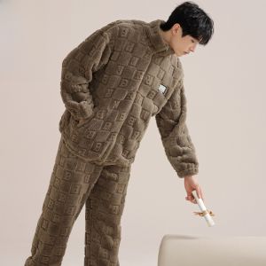 miiow | Thickened Coral Fleece Flannel Pajamas Mens Home Clothes Long Sleeve Zipper Closure Comfortable Warmth Autumn Winter Sleepwear