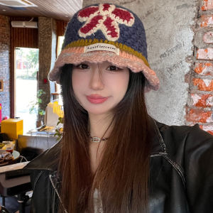 2024 Fall and Winter New Arrival Korean Style Retro Contrast Color Knitting Flower Bucket Hat Female All-Match and Sweet Handmade Wool Bucket Hat