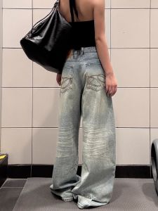 Quần Jeans Ống Thẳng Rộng Thêu Tay Cổ Đi Phố Mỹ Cạp Cao Cho Nữ Quần Ống Rộng Ôm Dáng Thiết Kế Mùa Thu