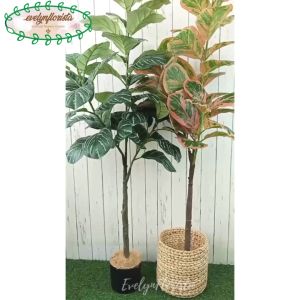 Pohon Artificial Daun Karet Merah Muda / Hijau Tua X3 T140 Latex Pot Dasar Cover Eceng Gondok Dekorasi Rumah