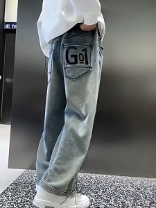 New Jeans For Kids Boy 6-12yrs Letter Embroidery Pants For Kids Boy Washed Denim Straight Pants Street Style Denim Pants For Kids Boy 130-160cm