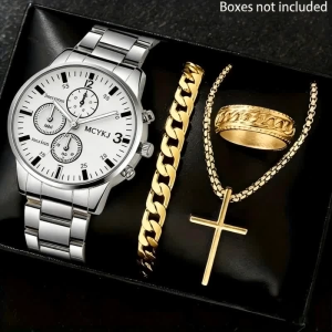 COD 4PCS Set Fashion Business Casual Men Quartz Watch  Necklace Brac Elet Ring Jewelry Set Without Box