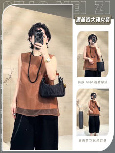 Elegant Sleeveless T-Shirt Womens Fashion 2024 New Summer Vintage round Neck Fake Two-Piece Vest Thin Top Polyester Fiber