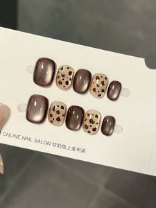 Handmade Cat Eye Nail Art Short Wearing Nails Autumn Winter High End Leopard Print Nail Stickers New 2024 Fashion Nail Pieces