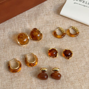 Caramel Amber~ Mermaid Silver Needle Earrings Womens High-End Versatile Ear Jewelry Vintage Personality Match All Ear Decorations