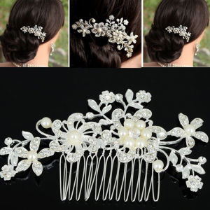 🔥C.three White Rhinestone Hair Comb Clip Pearl Flower Hair Accessories Bride Delicate Hair Accessories