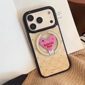 Korean Grid Pattern Love Heart Fold Magnetic Bracket Phone Case For iPhone 17 Air 16 15 14 13 12 Pro Max Shockproof Hard Cover