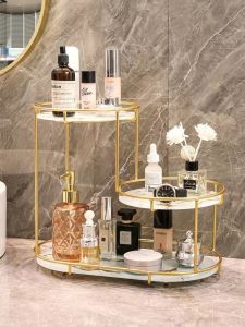 Luxury Bathroom Makeup Desk Double Layer Perfume Storage Box Waterproof Glass Shelf for Skin Care Products Simple Design