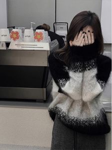 WANGGONGZHU | Loose Womens Pullover Knitwear Color Block Design Comfortable Fashionable Korean Style Lazy Style Autumn Winter Warm Sweater