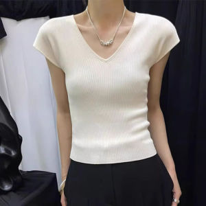 SHUQINGLAI | V-Neck Regular Shoulder Short Sleeve Womens Summer Design Sensitivity Rare T-shirt