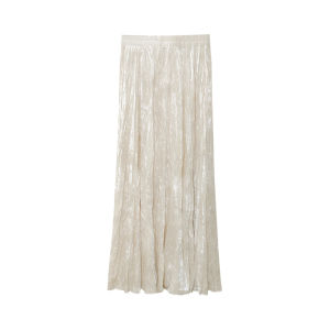 Váy Midi Chữ a Cạp Cao Bằng Vải Nhung Màu Be Cho Nữ Mùa Xuân 2025 Váy Midi Chữ a Xếp Ly Mềm Mại Đa Năng Váy Midi Dài