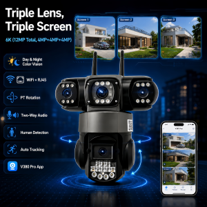 6K 12MP WiFi Security Camera Outdoor Triple Lens 3-Screen 10X Zoom Wireless IP CCTV Video Surveillance