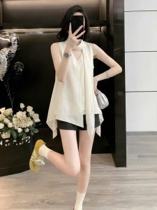 HUANJI | Floral Collar Irregular Tie Design Korean Style Sleeveless Vest