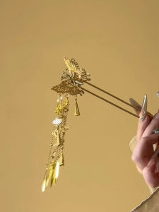 กิ๊บติดผมลายผีเสื้อสีทองสไตล์จีนโบราณ หมวกทรงกลมแบบวินเทจสำหรับผู้หญิง อุปกรณ์ตกแต่งผมสไตล์ฮันฟู หมวกทรงกลมแบบวินเทจ