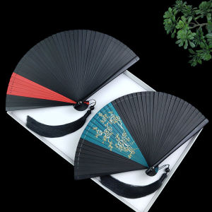 Full Bamboo Folding Fan Vintage Dance Fan for Women Portable Mini Summer Black Bone Clip Foldable Fan Home Daily Use