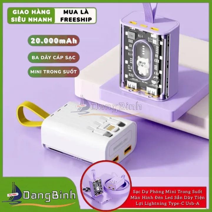 Sạc Dự Phòng Mini 20.000mAh Trong Suốt Màn Hình Đèn Led Sẵn Dây Tiện ...