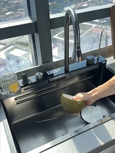 SUS304 Stainless Steel Kitchen Sink Waterfall Sink 4MM Thick Stainless Steel Antibacterial And Easy To Clean High-Quality Steel Faucet Set