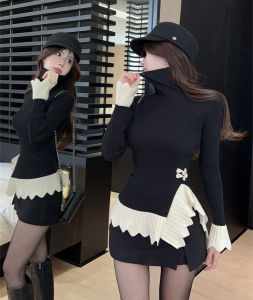 GUZILIAN | เสื้อสเวตเตอร์ถักคอสูงสไตล์ย้อนยุคสำหรับผู้หญิง ดีไซน์ไม่สมมาตร ขอบลูกไม้ สีบล็อก เสื้อชั้นในแบบสวมหัว