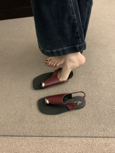 Flat Bottom Sandals Womens Shoes Summer 2024 New Retro Metal Toe Casual Beach Soft Bottom Roman Shoes Korean Style Ultrafine Fiber Leather