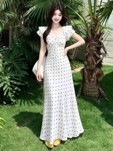 RELNLEX | Đầm Nữ Kiểu Pháp Elegante Retro Chấm Bi Dây Đai Resort
