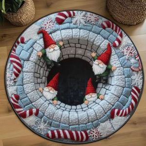 VIKAMA Christmas Round Rug 3D Illusion Stone Well Gnome Gift Box Holly Berry Wreath Non Slip Area Rug Living Room Holiday Decor