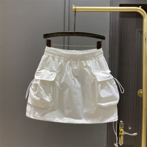 Summer Thin Cotton Polyester Work Skirt High Waist Short A-Line Mini Skirt Drawstring Big Pocket Trendy Cool Slimming Skirt