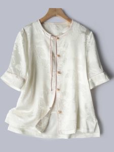 New Chinese Style Silk Georgette Short Sleeve Embroidered Shirt Loose Womens Summer Top round Neck Pure Color Commute Fashion