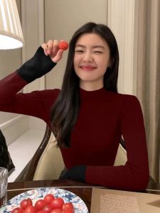 chaqi | Red Contrast Color Half Turtleneck Slim Fit Knit Sweater