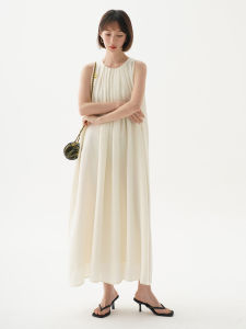 French Design Loose Slimming Pleated Large Skirt Flared Round Neck Sleeveless Midi Dress