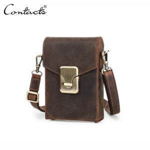 CONTACTS Genuine Leather Waist Bag for Men Cell Phone Bags Pouch with Card Holders Male Shoulder Bag