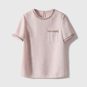 XiaoHanGe Cloud Powder Golden Feather Pure Handmade Bead round Neck Small Fragrance Top OL Style Commute Wind Polyester Blend