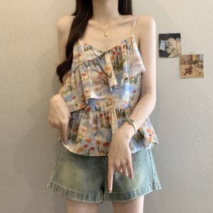 Beach Style V-Neck Tank Strap Plus Size Slimming Sweet Floral Sleeveless Top