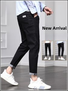 ROMON | Romon Mens Slim Fit Denim Jeans Black Elastic Mid Waist Nine-Tenths Youth Trendy Cotton Polyester Blend Autumn Spring New Arrival