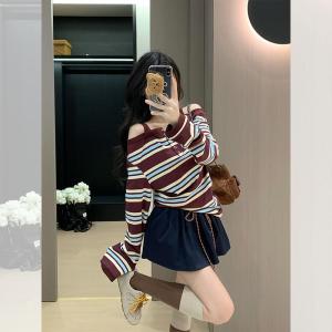 Womens Striped Shoulder Bared Long Sleeve T-Shirt Korean Style Commute Fashion Spring Autumn New Arrival Universal Fit
