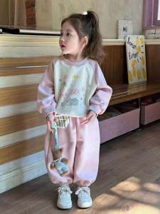 Cute Sweet Girls Autumn Fashion Two-Piece Set Shoulder Sleeve Childrens Korean Style Sweatshirt Casual Comfortable Clothing