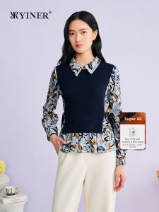 Shirt-collar Print Faux Two-piece Wool-blend Knitwear