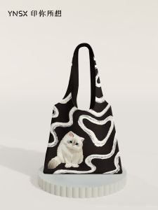 Large Capacity Canvas Tote Bag Commuter Work Original Wave White Cat Shoulder Bag Casual Style Double Handle Soft Fabric