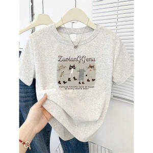 DVDK | Summer New Korean Style Cute Cat Print Round Neck Short Sleeve Straight Shoulder T-shirt