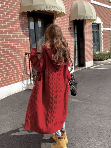 Womens Hooded Knitted Sweater Coat Medium Length Lazy Cardigan Spring Autumn Winter Lucky Year Red Sweater V-Neck Long Sleeve