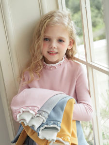 Girls Long Sleeve Fleece Lined Pure Cotton Base Shirt Half High Collar Autumn Winter Childrens T-shirt Baby Top Boatmouse Korean Style